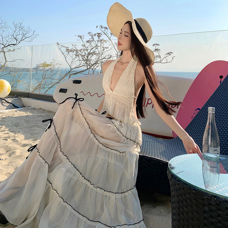 2025 Thailand seaside vacation wear women's pure desire sexy backless neck vest see-through skirt two-piece dress