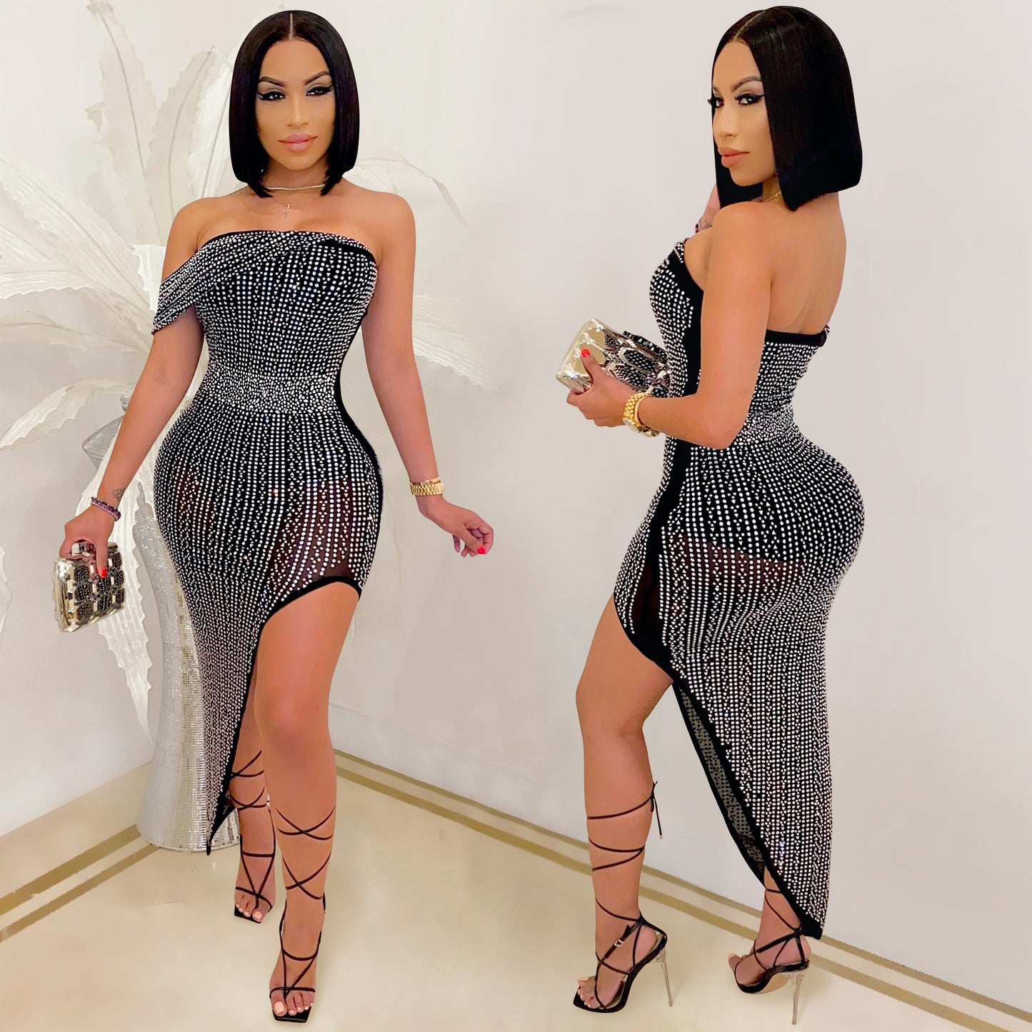 X5046 European and American Evening Dress Rhinestone Mesh Wrapped Chest Irregular Women's Clothing Dress