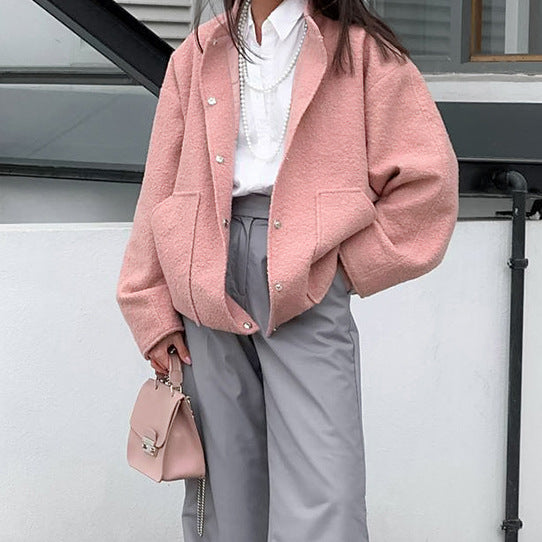 XAKXX 2025popular 2025 autumn temperament three-dimensional loose niche pink velvet small stand-up collar commuting long-sleeved jacket wholesale women