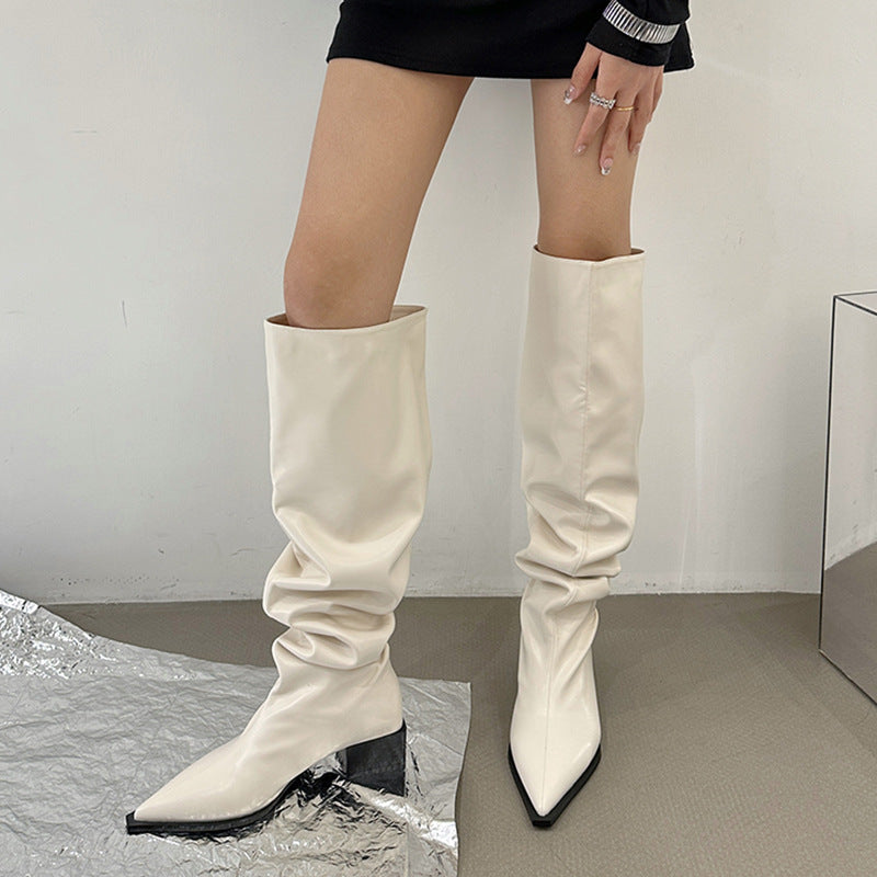 2025 Large tube pleated stacking boots women's popular new boots autumn and winter women's boots pointed boots thick heel boots