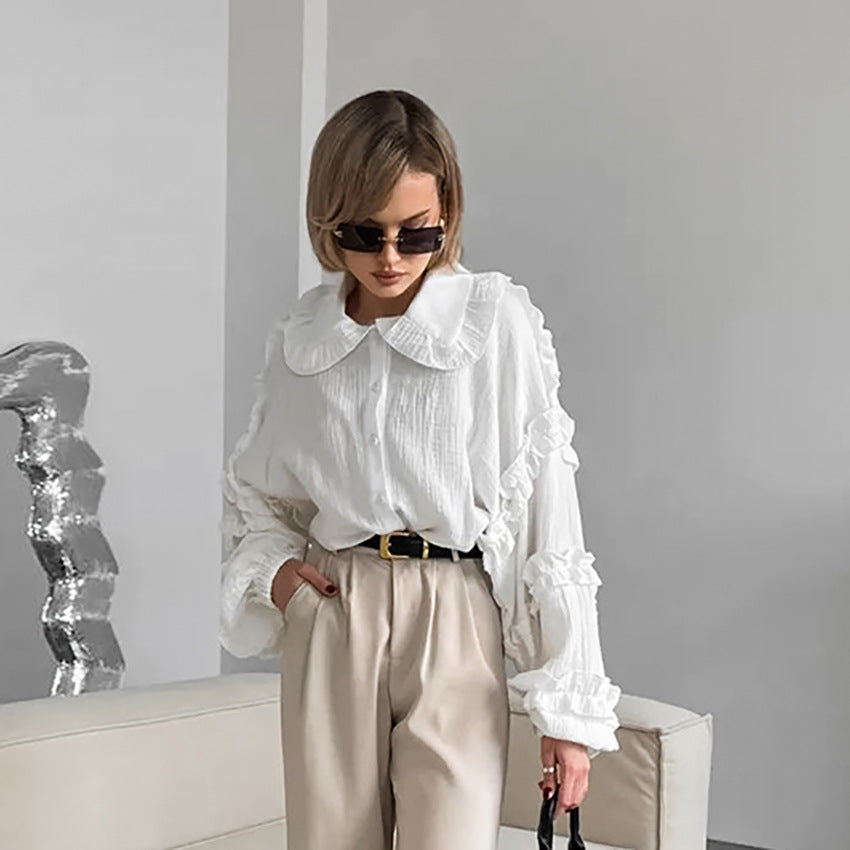XAKXX Spring and summer fashion casual pure cotton white loose lapel lantern sleeve commuter shirt women's design shirt