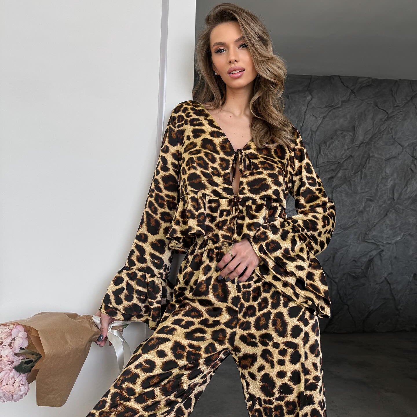 XAKXX 2025popular autumn and winter new leopard print V-neck lotus leaf edge two-piece set loose casual 2025 New fashion set