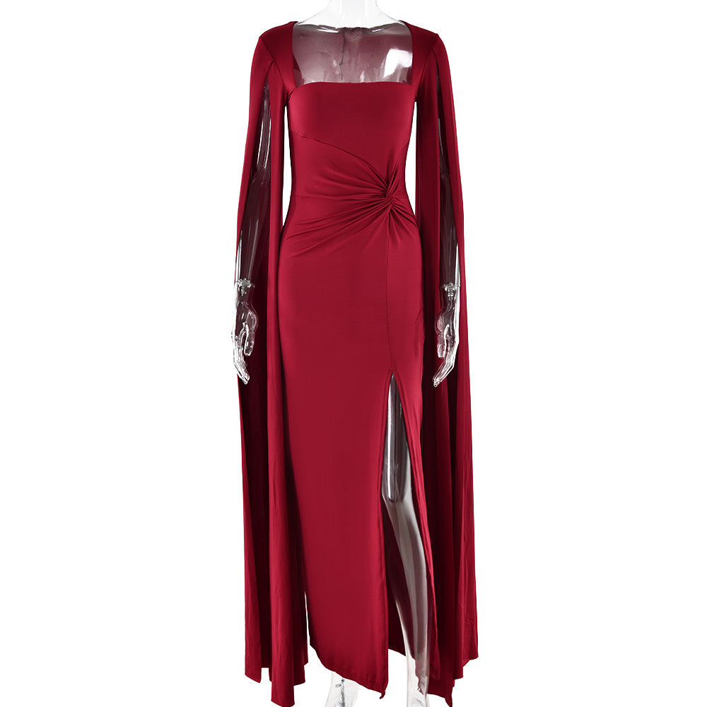 2025 New popular new dress square collar mopping floor long sleeve high split end solid color sexy dress