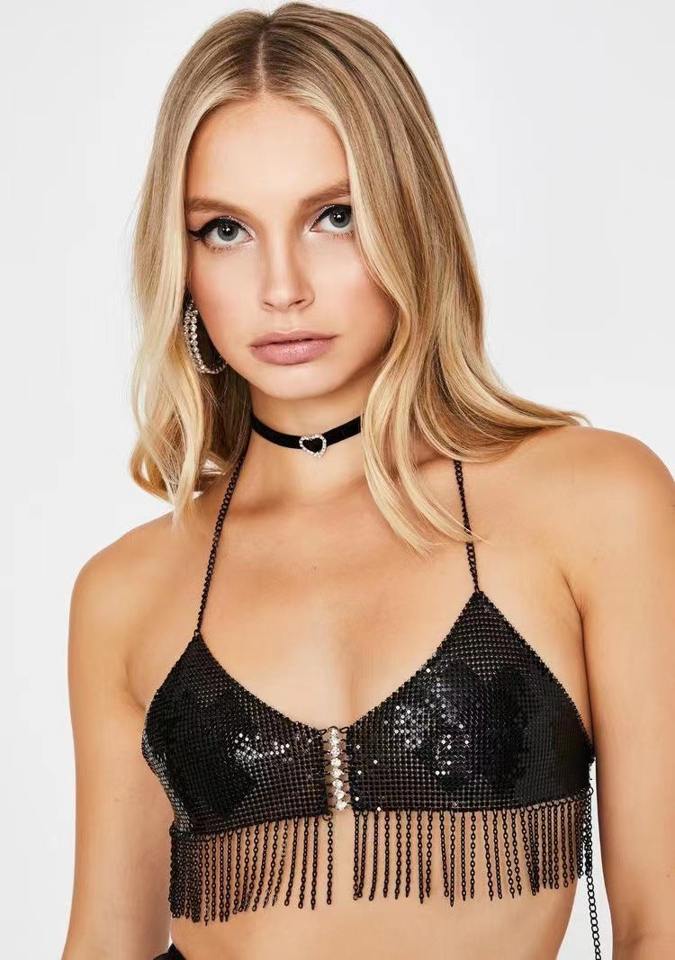 2025 MW3158 vest rhinestone inlaid sequined tassel chain hanging neck V-neck chest wrap top small vest body chain