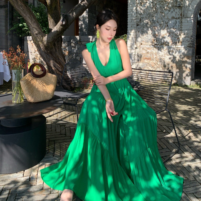 2025 pure desire sexy backless strap neck dress summer high temperament vacation green split long dress women