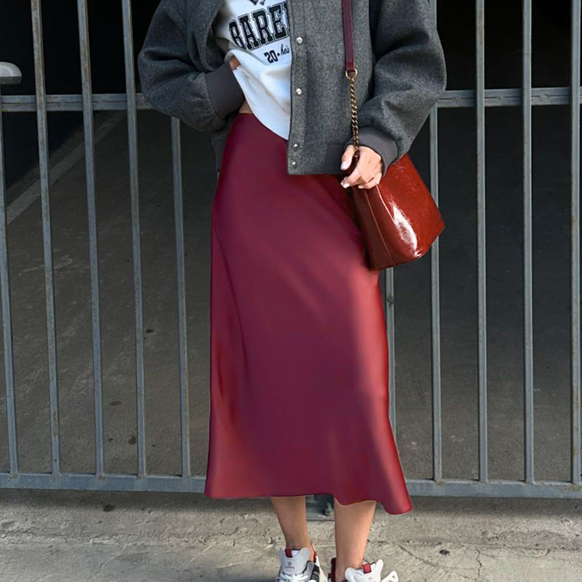 XAKXX Autumn and winter elegant burgundy premium thick matte satin high waist skirt versatile loose dress