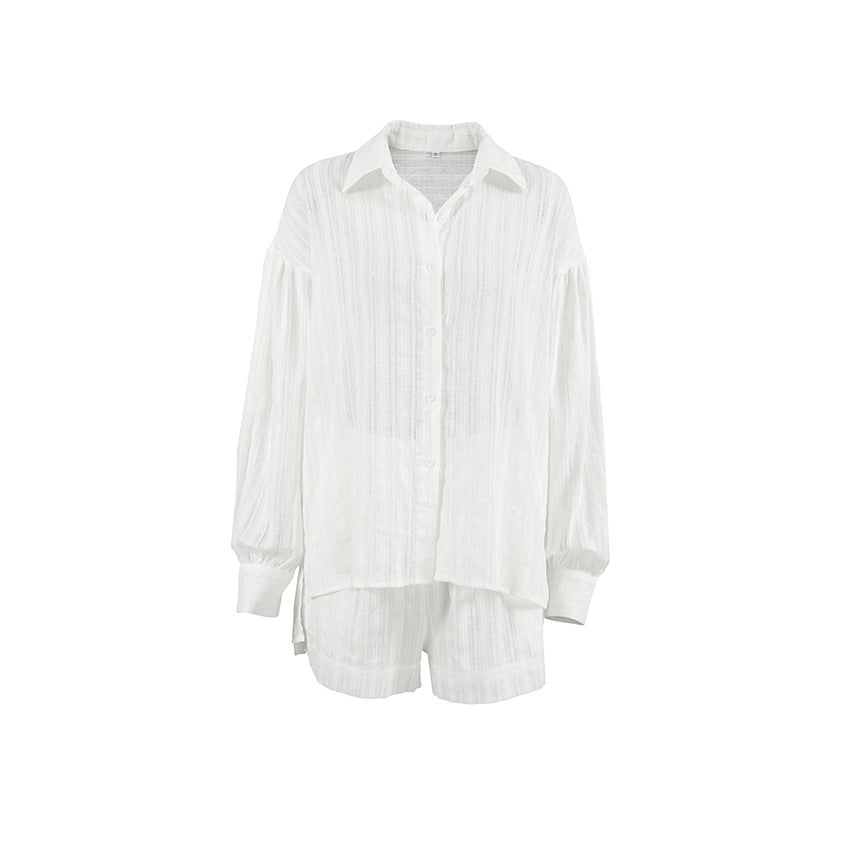 XAKXX Spring and summer fashion simple style versatile comfortable white cotton loose convex jacquard sexy long-sleeved shorts two-piece set