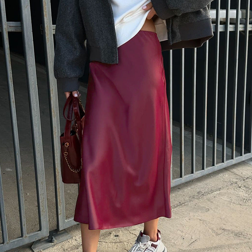 XAKXX Autumn and winter elegant burgundy premium thick matte satin high waist skirt versatile loose dress