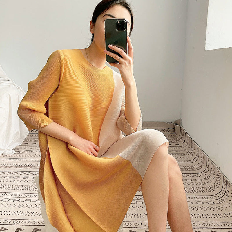 2025 women's clothing medium and long dress splicing temperament commuting loose contrasting color dress fat mm stomach A-word skirt Popular style