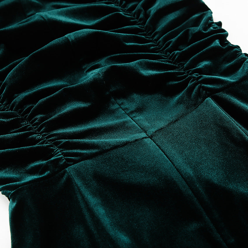 XAKXX 2025Autumn New versatile Korean velvet elegant blue V-neck long-sleeved slim-fitting belt slim dress fashion skirt