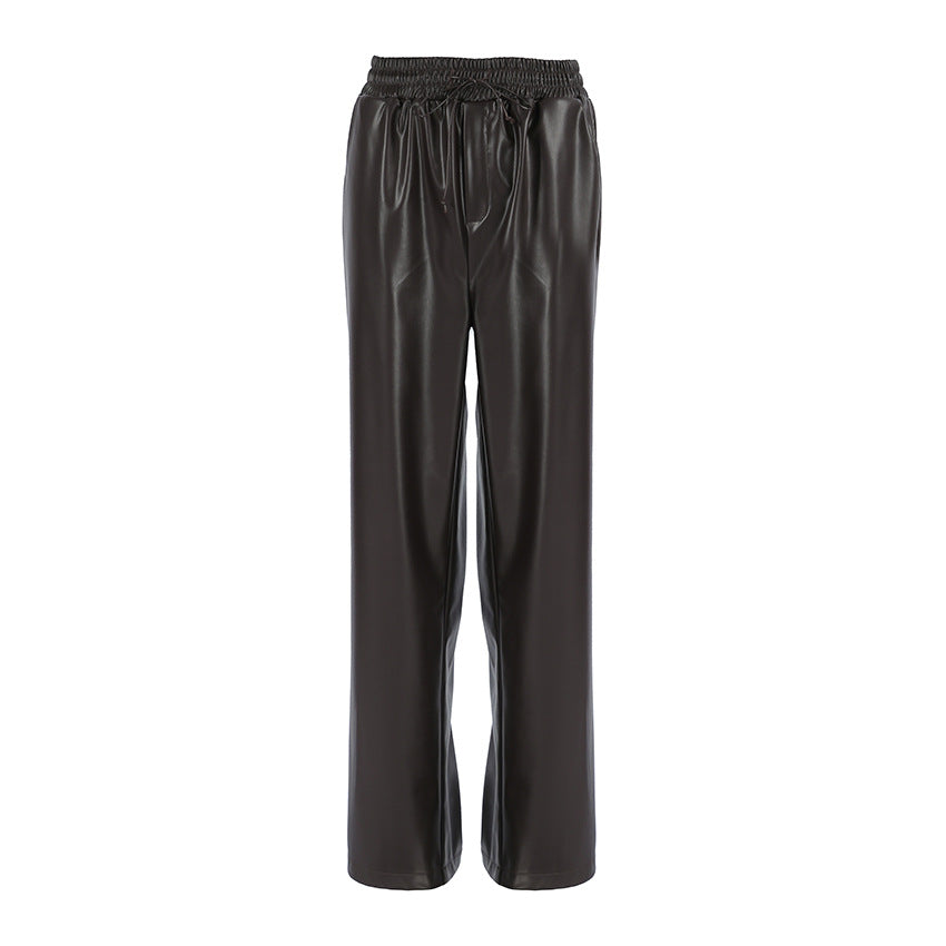 XAKXX Autumn and winter fashion sexy temperament gray velvet matte leather pants retro high-waisted women's casual trousers