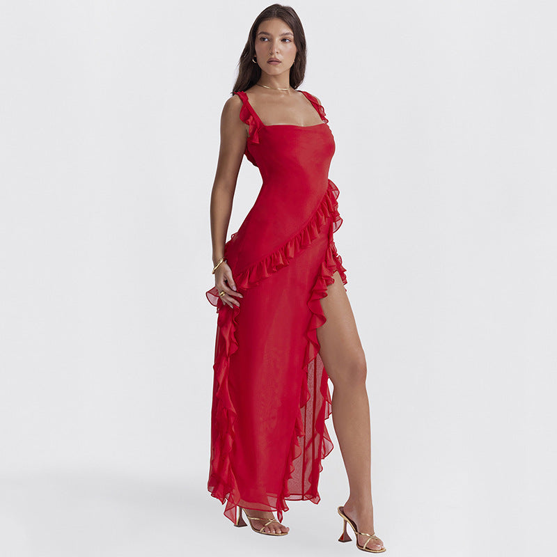 XAKXX African women's sexy evening dress ruffle edge sleeveless solid color suspender dress backless split figure dress