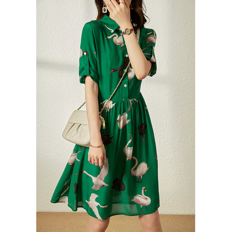 2025 Silk dress women's summer new temperament slim print green mulberry silk shirt skirt