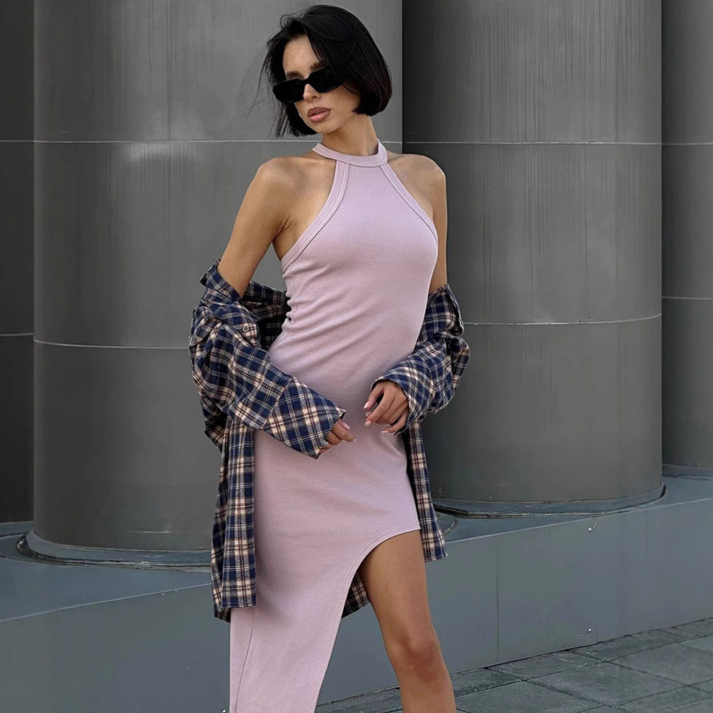XAKXX Sexy pink knitted neck halter design slim dress New autumn and winter new sleeveless long dress