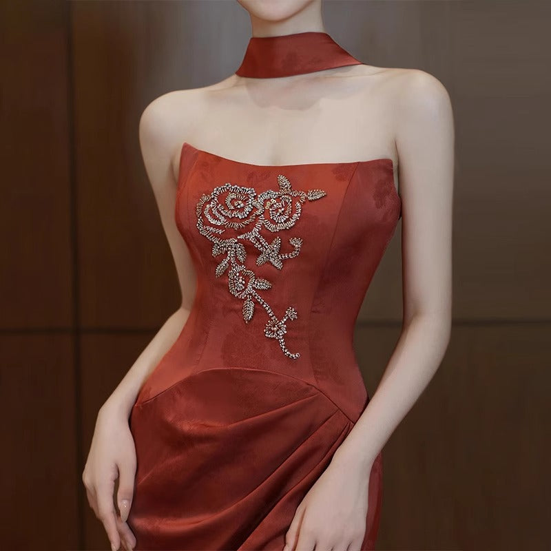 2025 Morning robe women's new Chinese toasting clothes, bride engagement banquet, fishtail skirt, tube top evening dress
