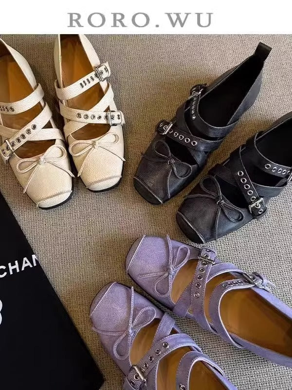 2025 Sheepskin version~ retro ballet style square head Mary Jane shoes women's cross buckle leather sports small leather shoes single shoes