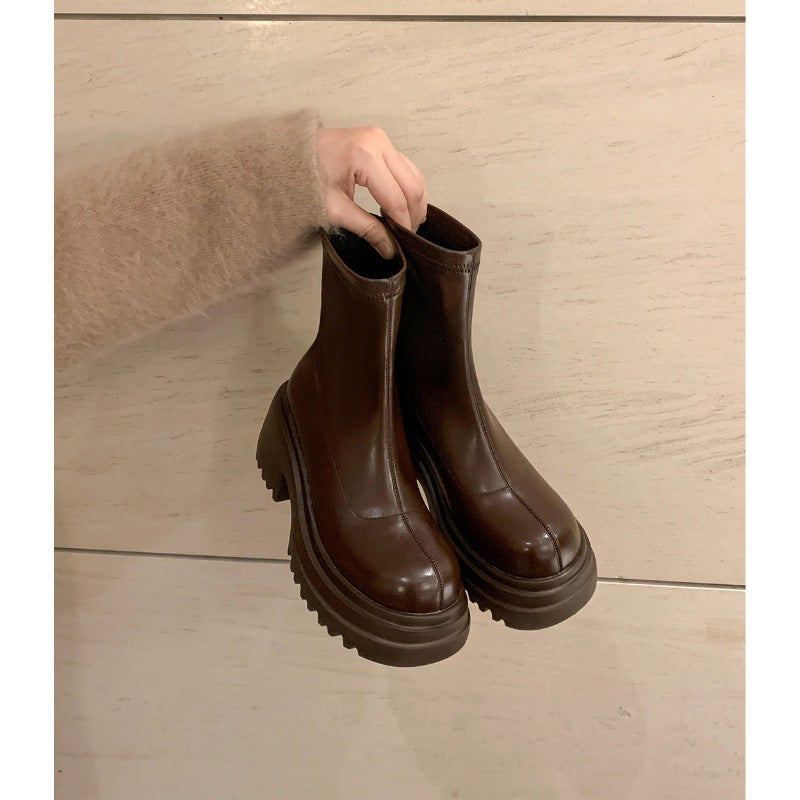 2025 Leg fine boots~ thick heel thick sole rear zipper leg elastic short boots female Martin thin boots