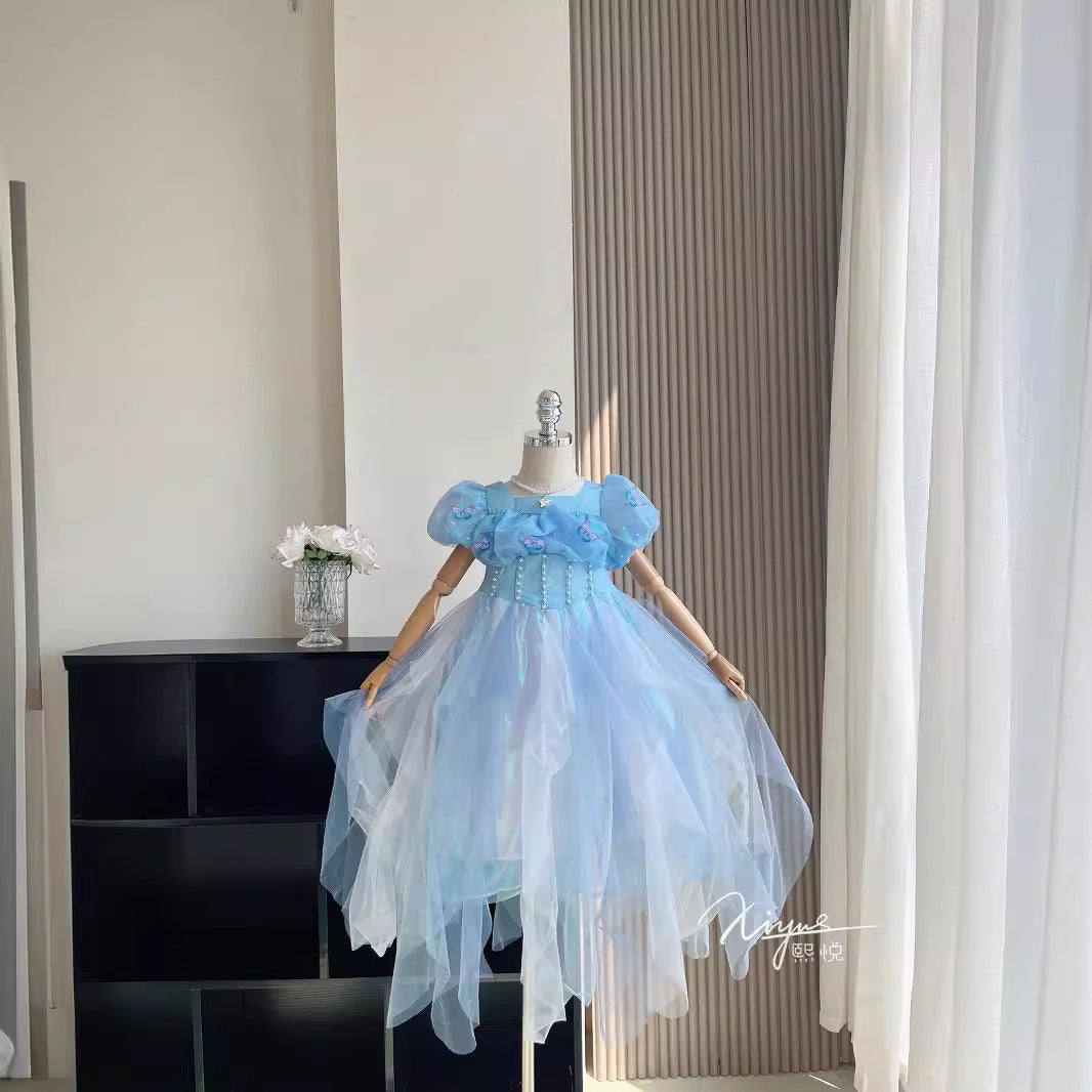Children's Summer New Girl's Bubble Sleeve Princess Dress Little Girl's High-End Heavy Work Birthday Dress Gauze Dress Frozen