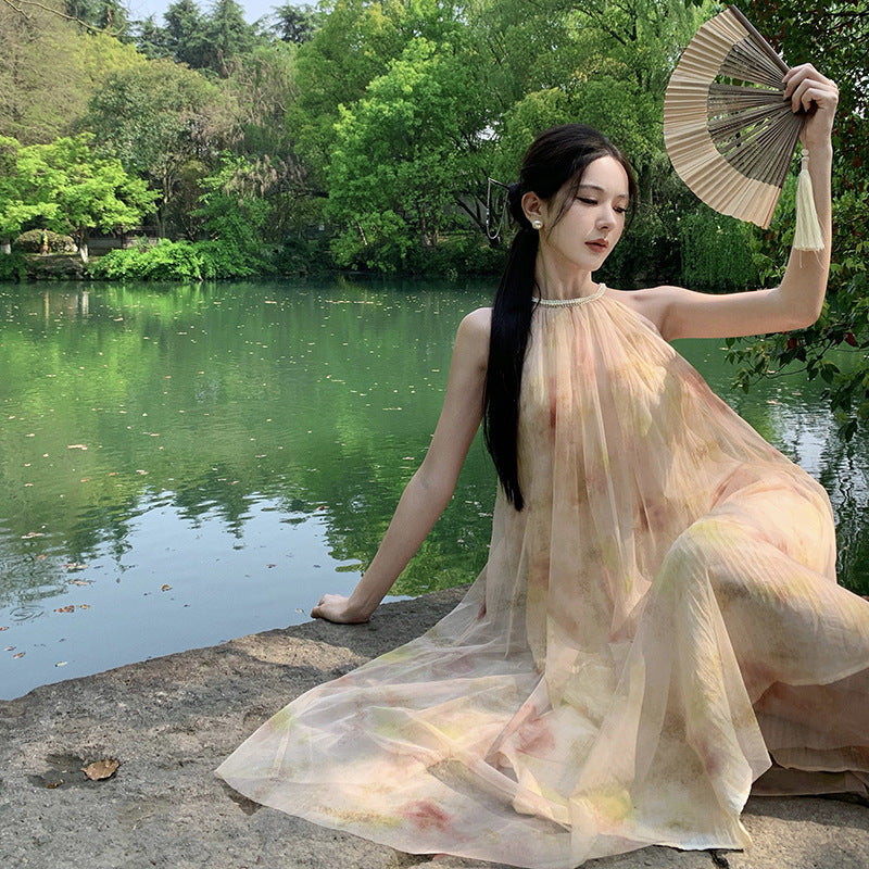 2025 New Chinese neck mesh dress women's summer loose pendulum printing seaside vacation suspender skirt beach dress