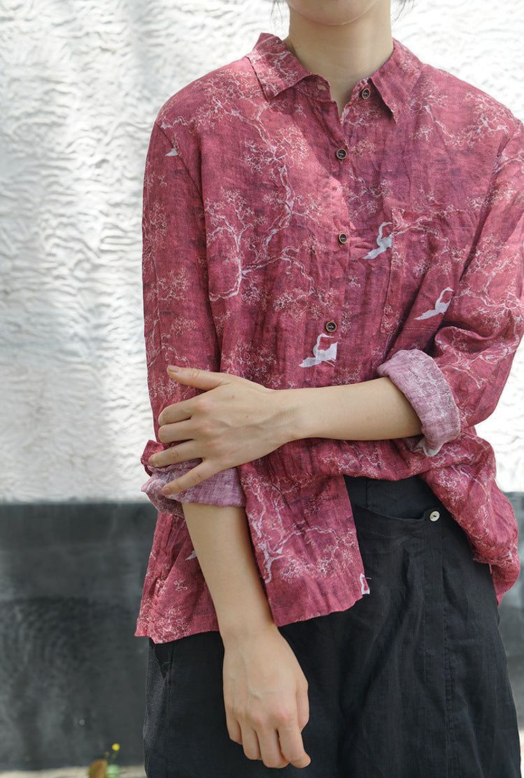 casual literary ramie printed versatile shirt, Wenqing trendy loose sunshade long-sleeved top S21041