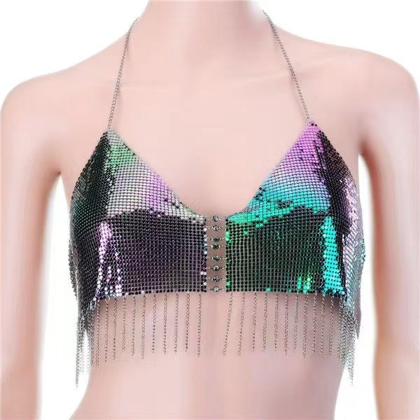 2025 MW3158 vest rhinestone inlaid sequined tassel chain hanging neck V-neck chest wrap top small vest body chain