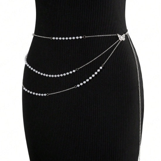 4580 New popular women's pearl beads with metal chain waist chain belt versatile fashion jewelry accessories