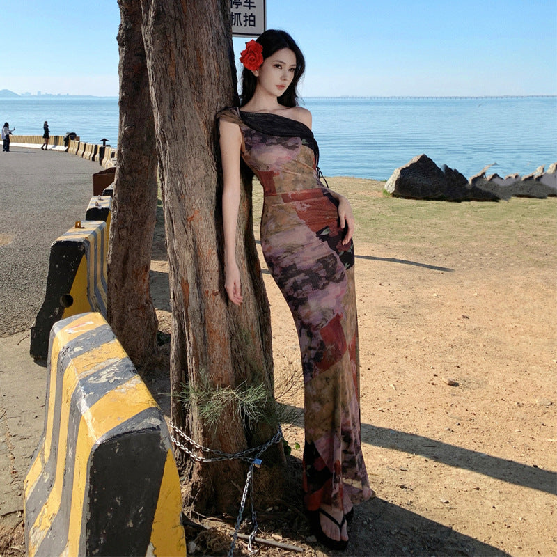 2025 New Chinese one-word shoulder mesh floral dress women's high-end sexy seaside vacation beach hip-wrapped long skirt