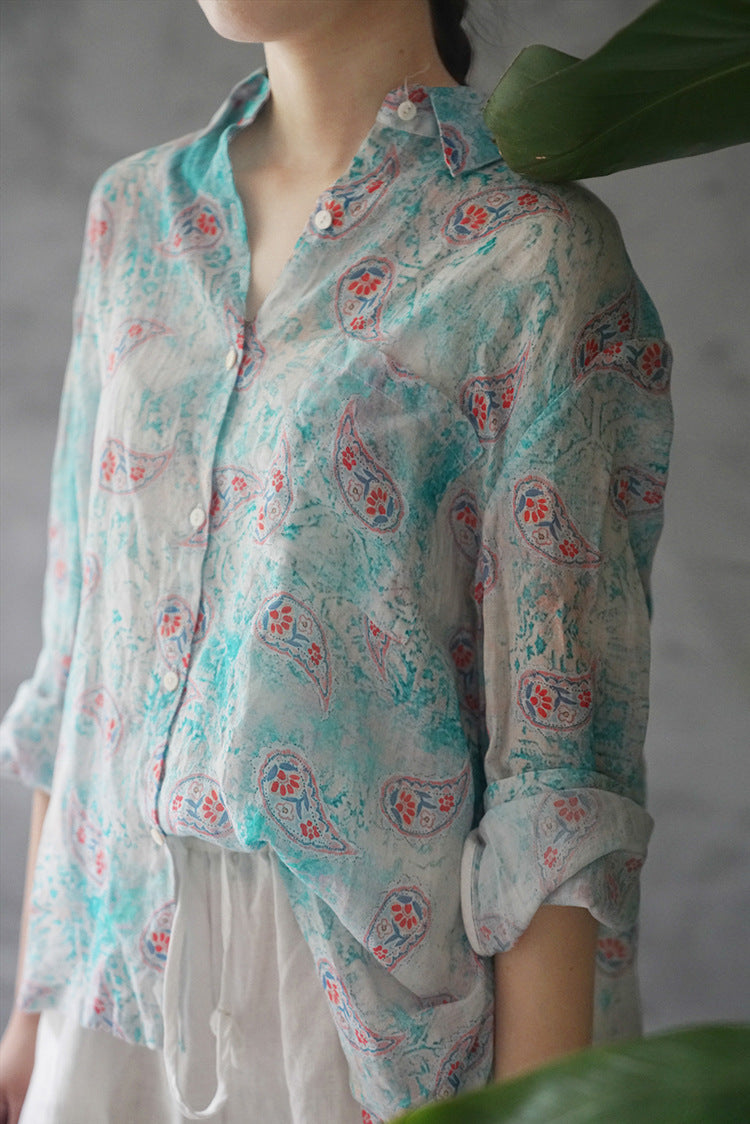 casual literary ramie printed versatile shirt, Wenqing trendy loose sunshade long-sleeved top S21041