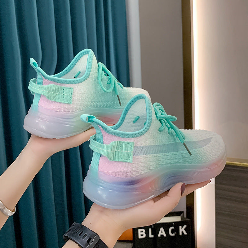 xakxx Rainbow Bottom Coconut Women's Fashionable Shoes Spring and Summer Breathable Sneaker Women's Light Running Shoes Gradient Flying Woven Shoes