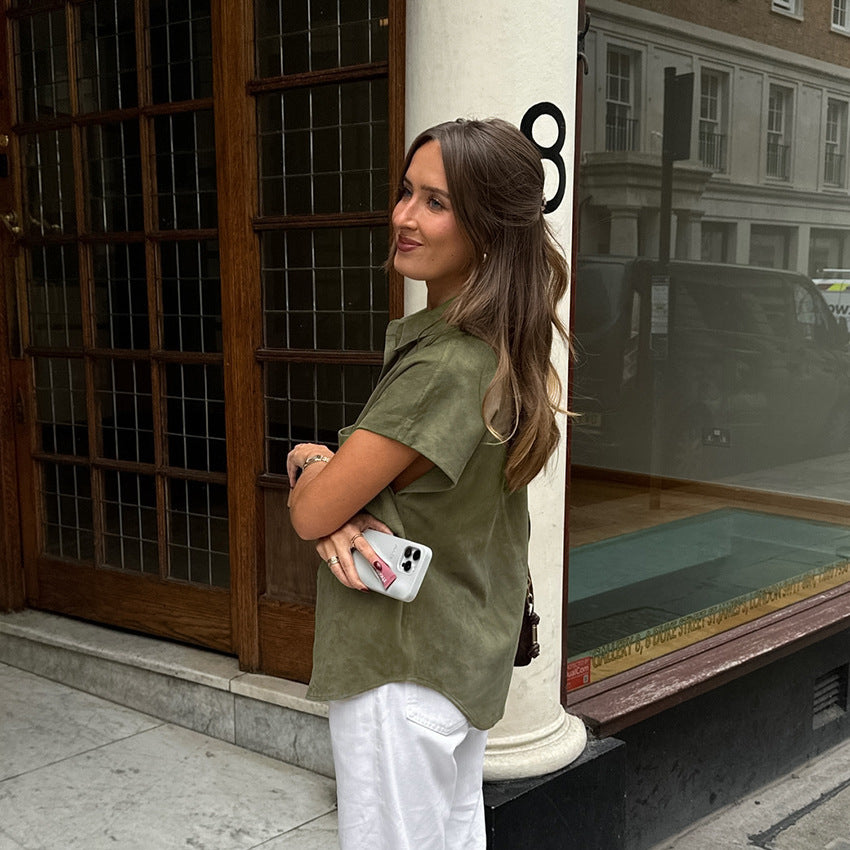 XAKXX Russian spring and summer casual lazy green short-sleeved retro temperament pocket shirt 2025 street style loose shirt
