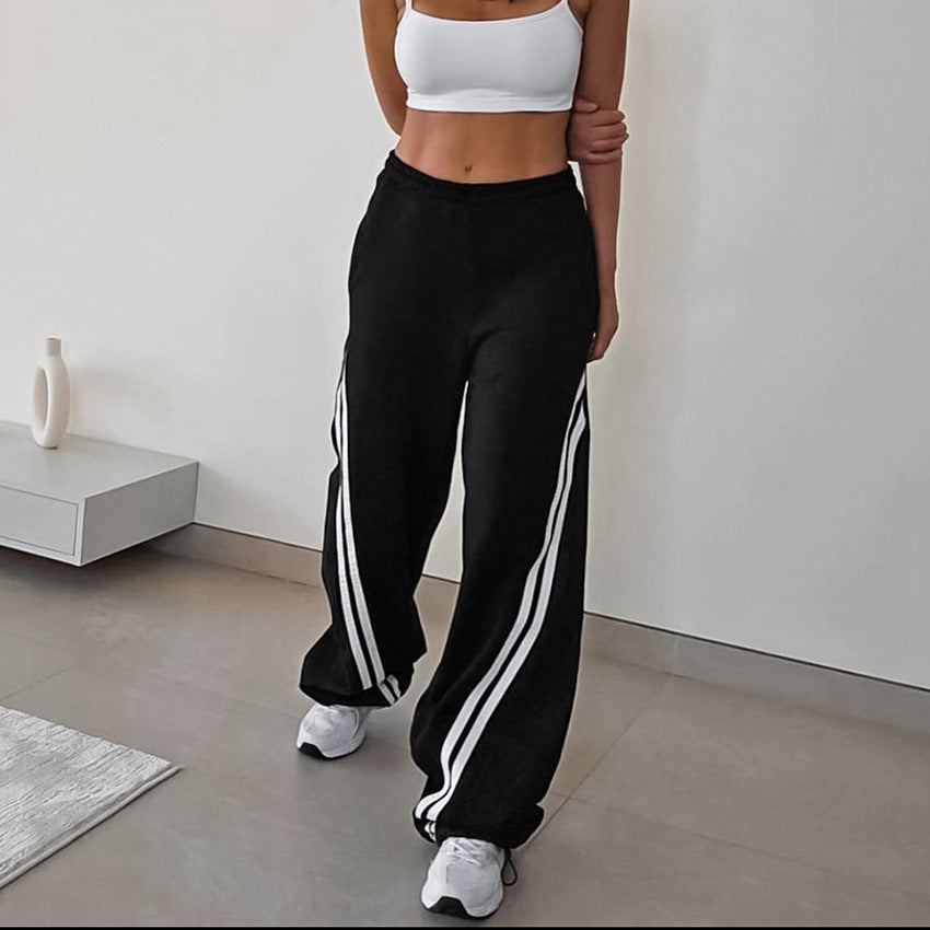 XAKXX 2025popular autumn and winter fashion black knitted personalized contrasting color versatile trousers 2025 commuter lace-up low-rise casual trousers women