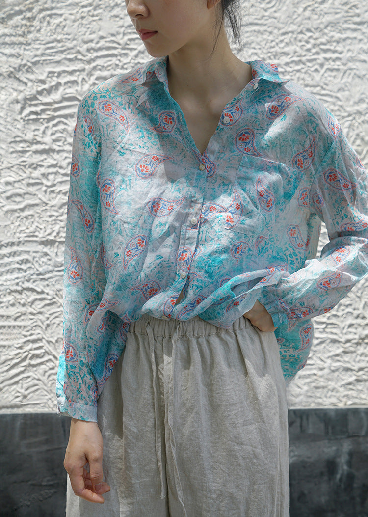 casual literary ramie printed versatile shirt, Wenqing trendy loose sunshade long-sleeved top S21041