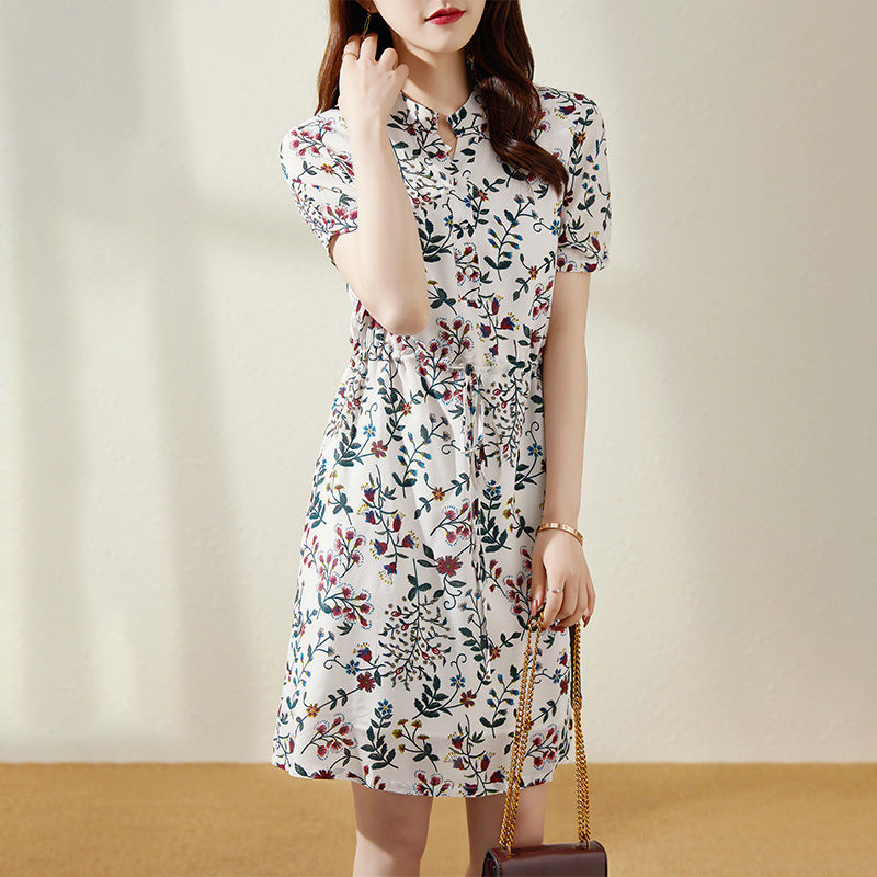 2025 Silk floral skirt summer new short-sleeved medium and long mulberry silk gentle first love dress women's clothing