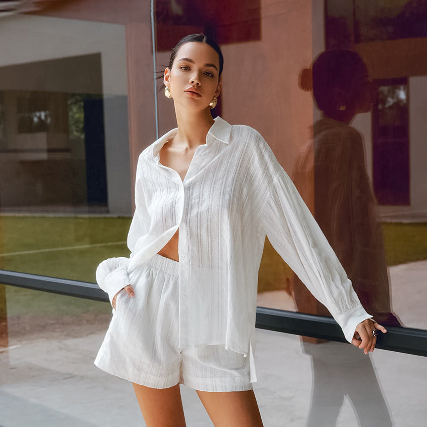 XAKXX Spring and summer fashion simple style versatile comfortable white cotton loose convex jacquard sexy long-sleeved shorts two-piece set