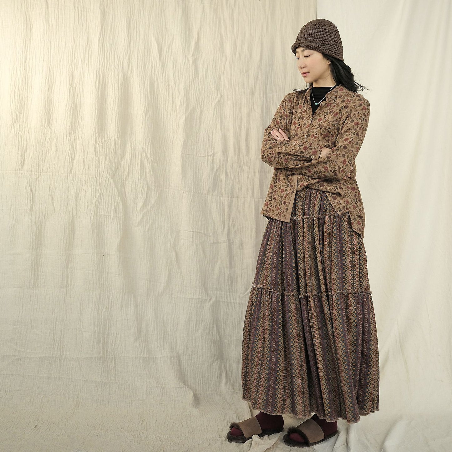 23 spring and summer retro old printed double-layer cotton shirt, medieval casual stand-up collar burr top S23001