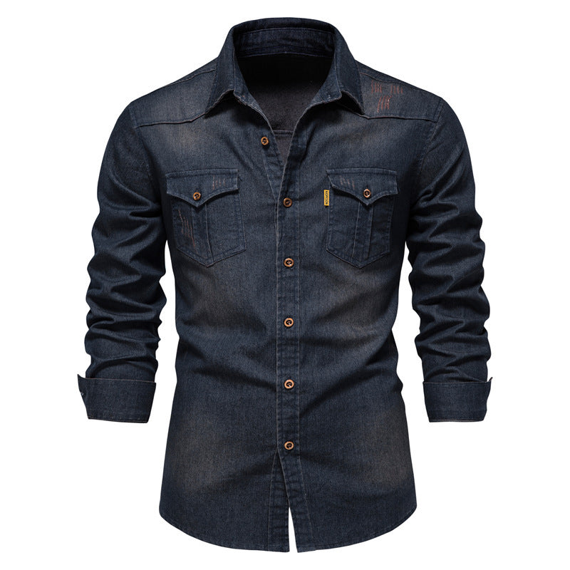XAKXX 2025 popular Popular trade New explosion men's beautiful size denim shirt men's casual solid color men's denim long-sleeved shirt