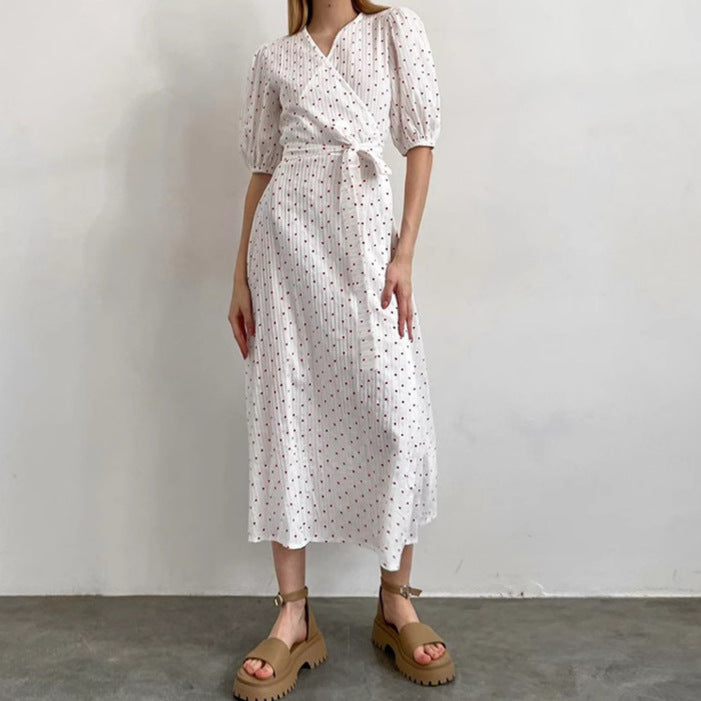 XAKXX 2025 early spring new love printing V-neck apron high waist dress 2025 fashion cross-border pure cotton long dress women