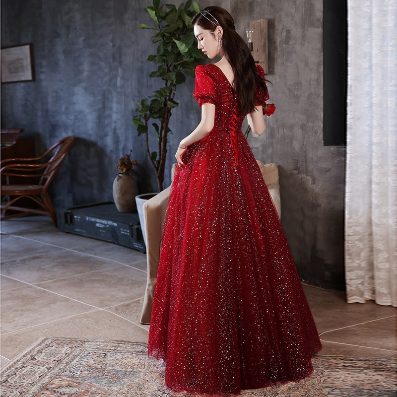 Burgundy toasting dress bride 2025 new spring New wedding return gauze skirt light luxury banquet evening dress