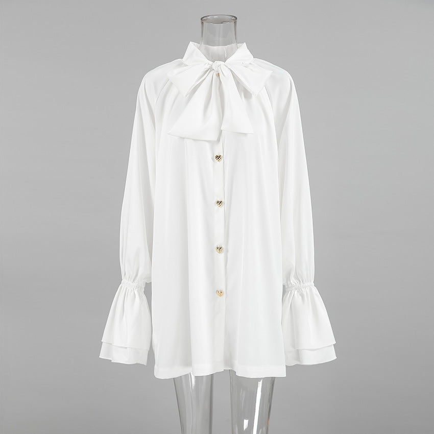 XAKXX Autumn and winter casual temperament thick matte satin versatile loose streamer collar horn sleeve lace-up women's dress white