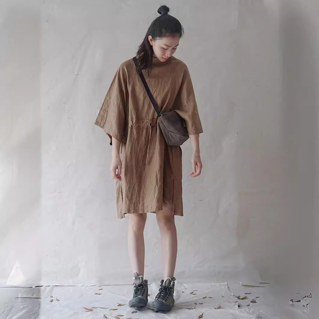 casual literary linen loose drawstring dress, light sports zen wide-sleeved linen robe L21072