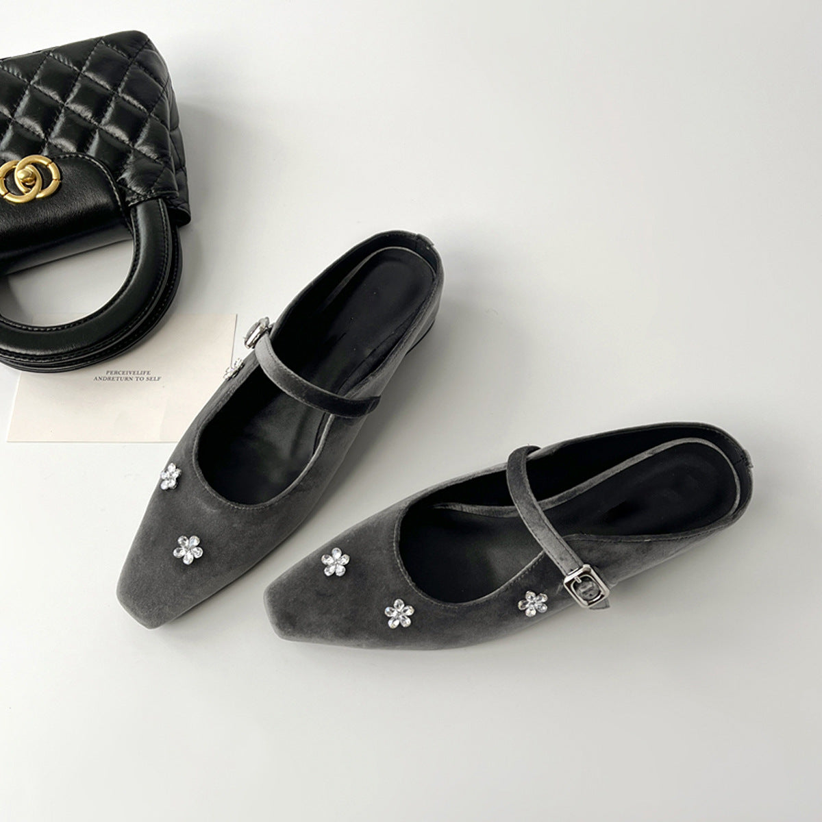 2025 Sheepskin version~ rhinestone flower bag head half slippers women's outer wear inner height increase square head temperament Mary Jane single shoes