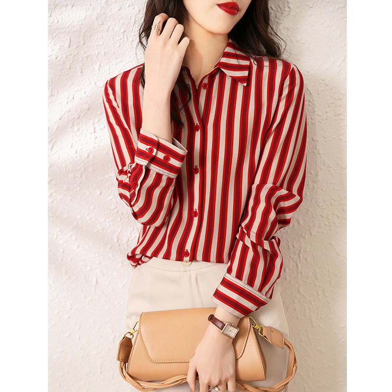 2025 Striped Heavy Silk Shirt Women's Spring New Short Top Red Ladies, Mulberry Silk Shirt