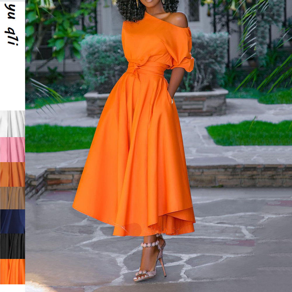 2025 New summer new Popular trade 2025 women's clothing single shoulder lace waist medium and long dress medium skirt