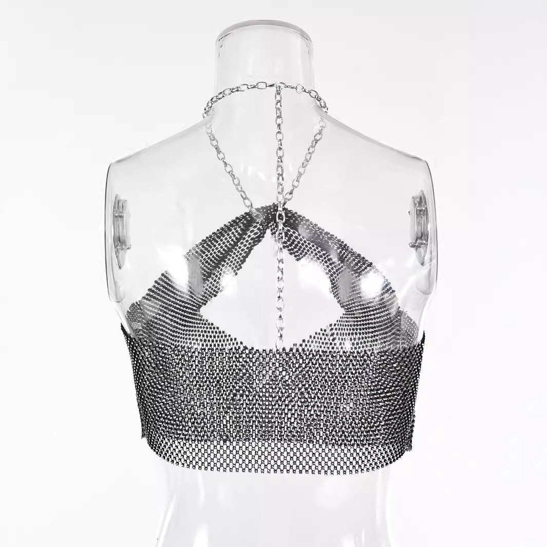6392 Spring and summer New new products 2025 women's clothing fishing net rhinestone sling sexy tight elastic vest neck top