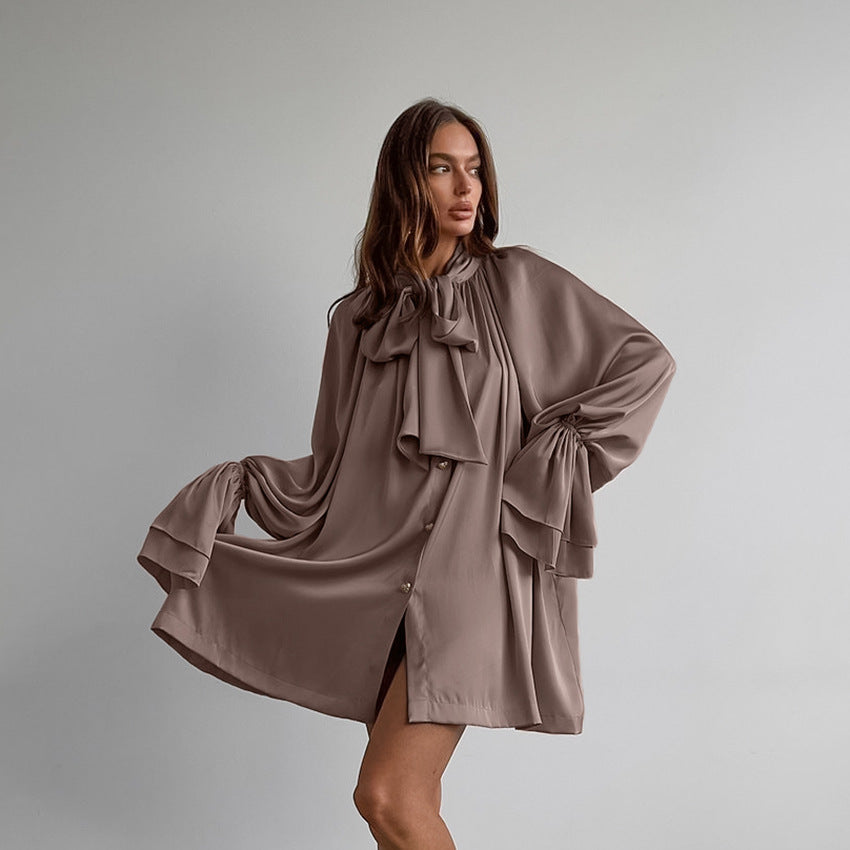 XAKXX Autumn and winter casual temperament thick matte satin versatile loose streamer collar horn sleeve lace-up women's dress white