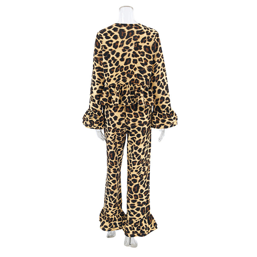 XAKXX 2025popular autumn and winter new leopard print V-neck lotus leaf edge two-piece set loose casual 2025 New fashion set