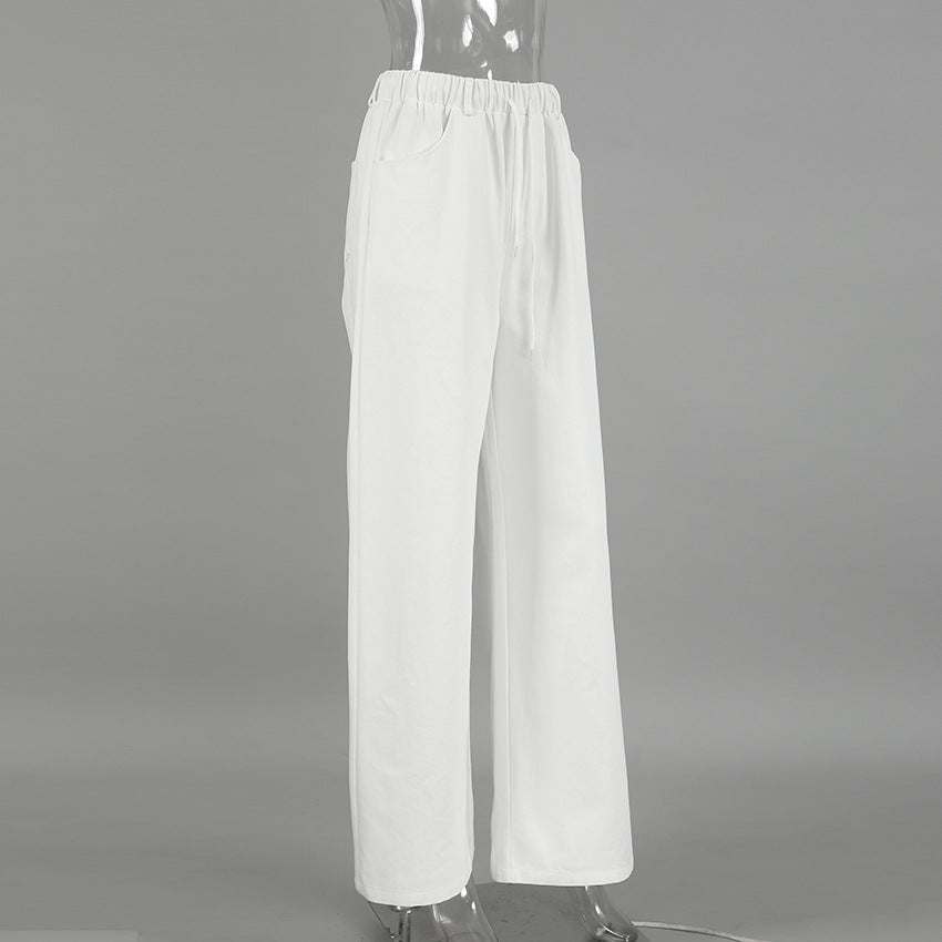 XAKXX 2025 fashion casual temperament, white loose pure cotton lace-up mid-waist versatile wide-footed pants, autumn and winter classic trousers