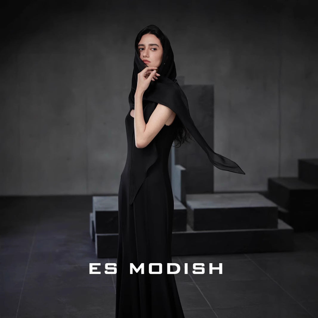 2025 ES MODISH Spring New Sexy Square Neck Slim Hip Wrap Fish Tail Suspender Dress Celebrity Style Long Dress Women