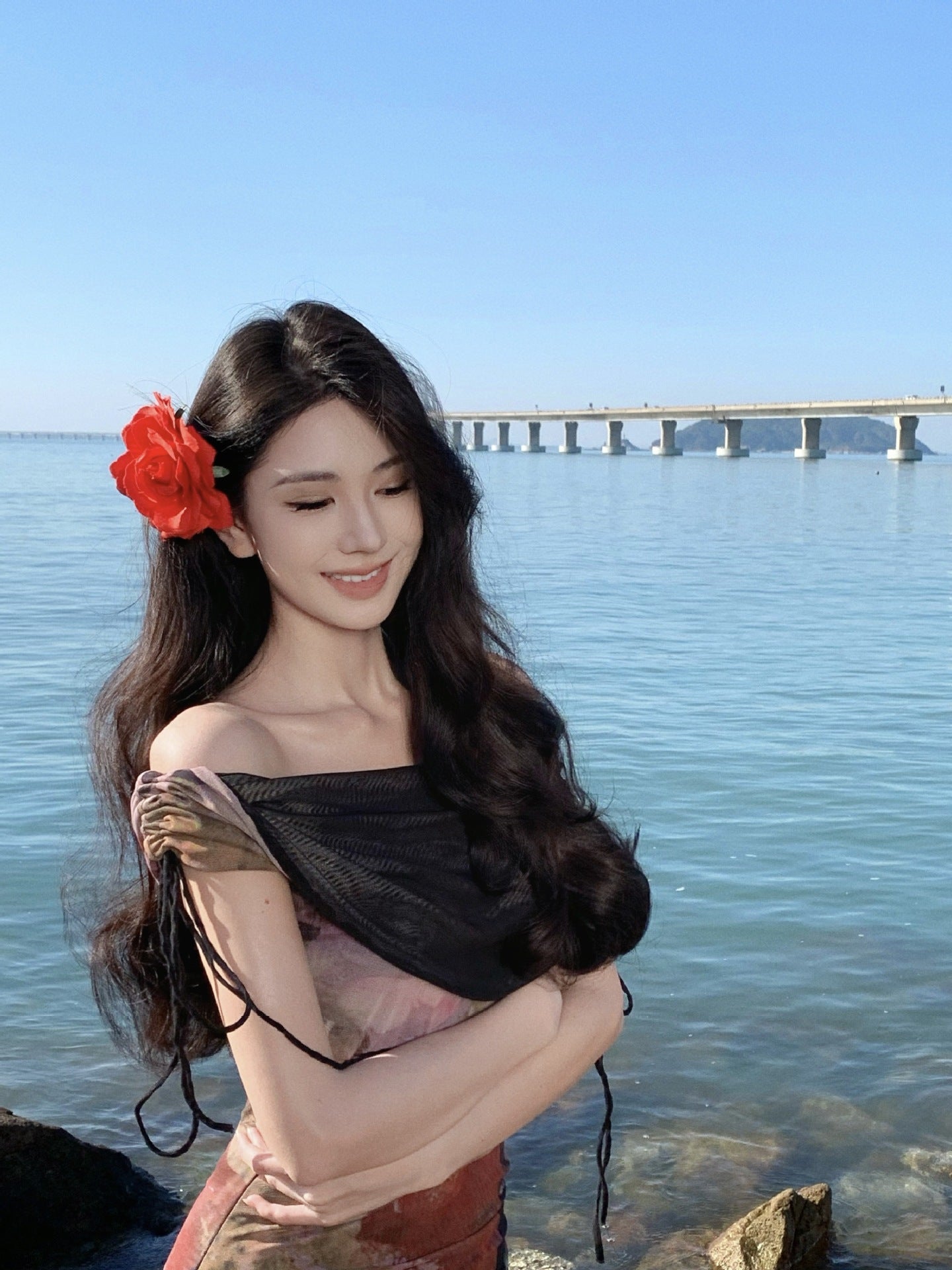 2025 New Chinese one-word shoulder mesh floral dress women's high-end sexy seaside vacation beach hip-wrapped long skirt