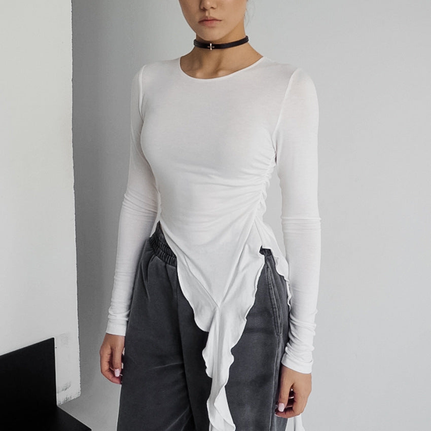 XAKXX 2025 Russian spring and summer irregular sexy design sense white knitted round neck slim and thin women's T-shirt